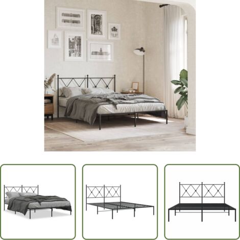 vidaXL Cama con cabecero -  Estructura cama sin colchón con cabecero metal negro 135x190 cm