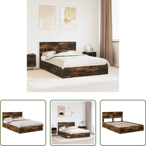 vidaXL Cama con cajones -  Cama con almacenamiento con cabecera Roble ahumado 135 x 190 cm