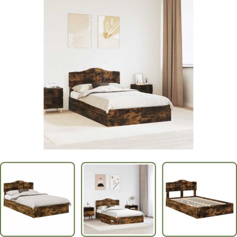 vidaXL Cama con cajones -  Cama con almacenamiento con cabecera Roble ahumado 135 x 190 cm