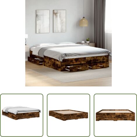 vidaXL Cama con cajones de roble -  Cama con cajones madera de ingeniería roble ahumado 150x200 cm