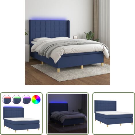 vidaXL Cama con luz -  Cama box spring colchón y luces LED tela azul 140x200 cm