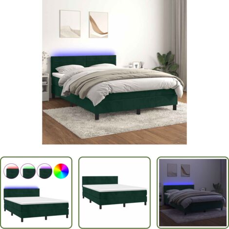 vidaXL Cama con luz LED -  Cama box spring colchón y LED terciopelo verde oscuro 140x190cm