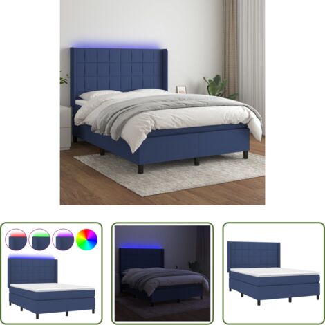 vidaXL Cama con luz LED -  Cama box spring colchón y luces LED tela azul 140x200 cm