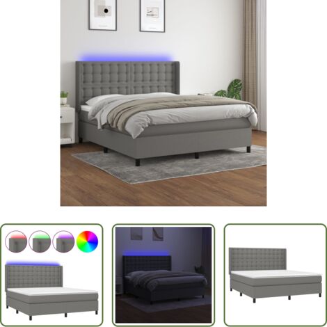 vidaXL Cama con luz LED -  Cama box spring colchón y luces LED tela gris oscuro 160x200 cm