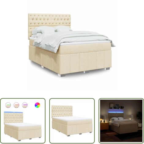 vidaXL Cama con luz LED -  Cama box spring con colchón tela color crema 140x200 cm