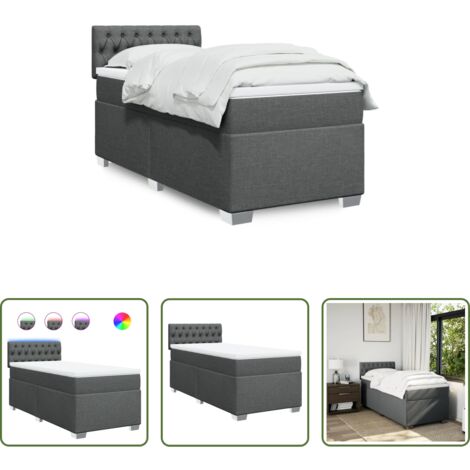 vidaXL Cama con luz LED -  Cama box spring con colchón tela gris oscuro 100x200 cm