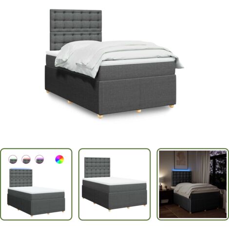 vidaXL Cama con luz LED -  Cama box spring con colchón tela gris oscuro 120x200 cm
