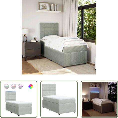 vidaXL Cama con luz LED -  Cama box spring con colchón terciopelo gris claro 80x200 cm
