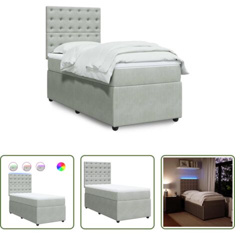 vidaXL Cama con luz LED -  Cama box spring con colchón terciopelo gris claro 90x190 cm