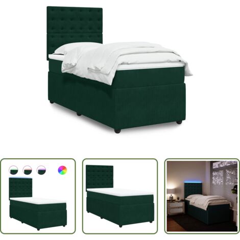vidaXL Cama con luz LED -  Cama box spring con colchón terciopelo verde oscuro 90x190 cm