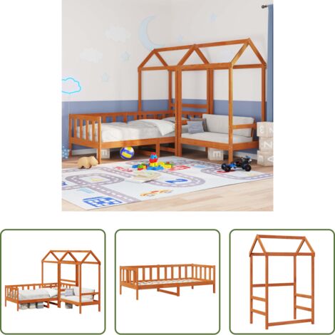vidaXL Cama con techo -  Juego de Cama de Día 3 pcs Marrón Cera Pino macizo