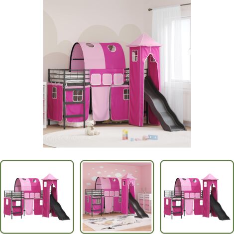vidaXL Cama con tobogán -  Estructura de litera para niños Negro y Rosa 75 x 190 cm Metal