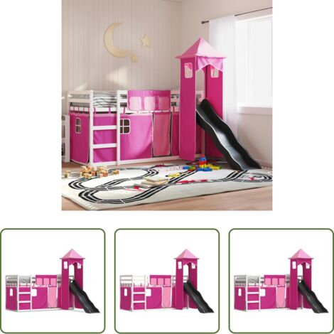 vidaXL Cama con tobogán -  Litera con tobogán y cortinas rosa 90x200 cm