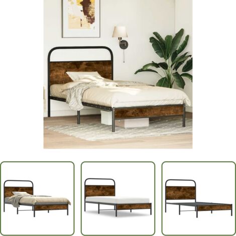 vidaXL Cama de acero -  Estructura de cama sin colchón 100x190 cm madera roble ahumado