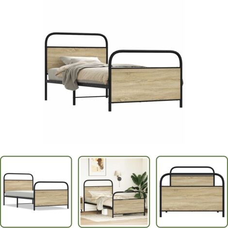 vidaXL Cama de acero -  Estructura de cama sin colchón 100x190 cm madera roble Sonoma