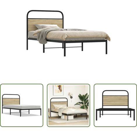 vidaXL Cama de acero -  Estructura de cama sin colchón 100x190 cm madera roble Sonoma