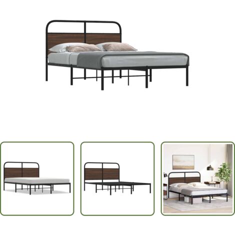 vidaXL Cama de acero -  Estructura de cama sin colchón 135x190 cm madera marrón roble