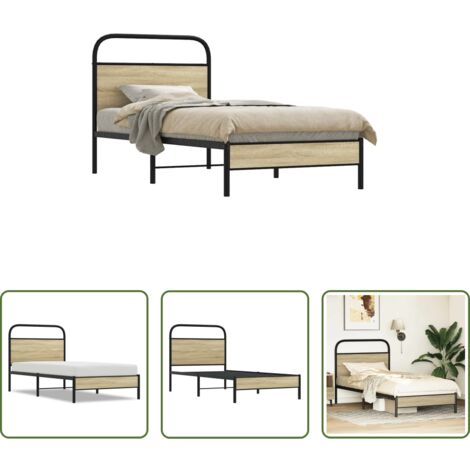 vidaXL Cama de acero -  Estructura de cama sin colchón 75x190 cm madera roble Sonoma