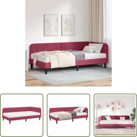 vidaXL Cama de esquina en forma de L -  Estructura de cama en esquina Rojo vino 90 x 190 cm Terciopelo