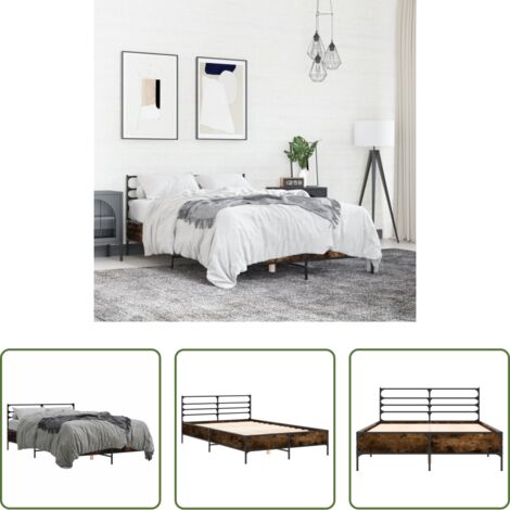 vidaXL Cama de ingeniería -  Estructura cama madera ingeniería metal roble ahumado 120x200cm