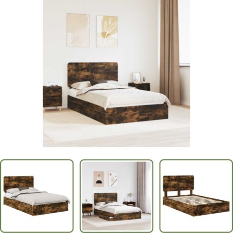vidaXL Cama de madera -  Cama con almacenamiento con cabecera Roble ahumado 135 x 190 cm