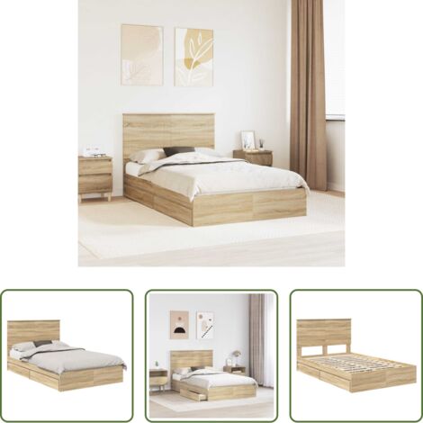 vidaXL Cama de madera -  Cama con almacenamiento con cabecera Roble Sonoma 135 x 190 cm