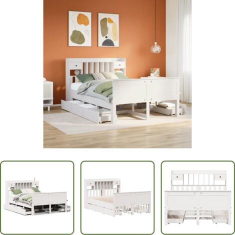 vidaXL Cama de madera -  Cama con estantería sin colchón madera maciza blanca 150x200 cm
