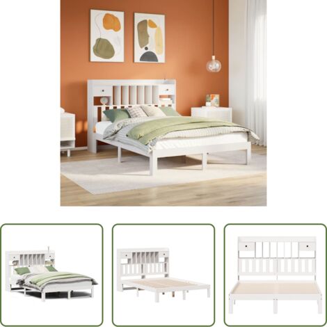 vidaXL Cama de madera -  Cama con estantería sin colchón madera maciza blanca 150x200 cm
