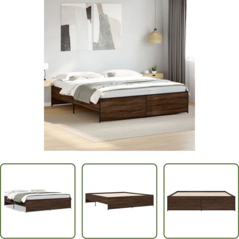 vidaXL Cama de madera contrachapada -  Estructura cama madera ingeniería metal marrón roble 200x200 cm