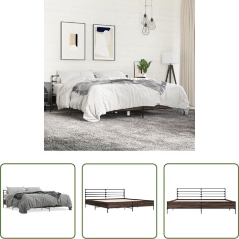 vidaXL Cama de madera contrachapada -  Estructura cama madera ingeniería metal marrón roble 200x200 cm
