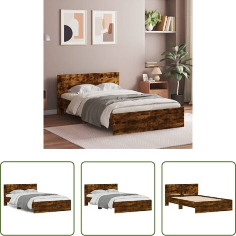 vidaXL Cama de madera -  Estructura de cama con cabecero roble ahumado 135x190 cm