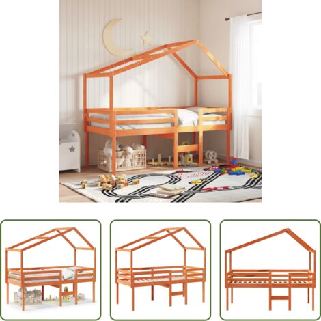 vidaXL Cama de niños -  Cama alta con techo madera maciza de pino marrón cera 90x200 cm