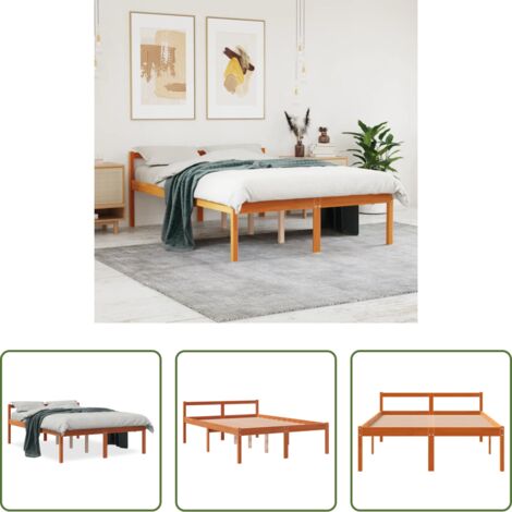 vidaXL Cama de pino -  Cama para mayores madera maciza de pino marrón cera 140x200 cm