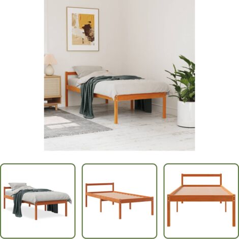 vidaXL Cama de pino -  Cama para mayores madera maciza de pino marrón cera 90x190 cm