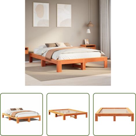 vidaXL Cama de pino -  Cama sin colchón madera maciza de pino marrón cera 140x190 cm