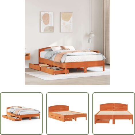 vidaXL Cama de pino -  Cama sin colchón madera maciza pino marrón cera 150x200 cm