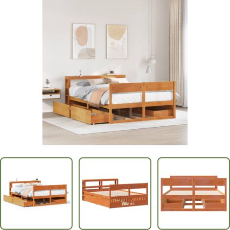 vidaXL Cama de pino -  Cama sin colchón madera maciza pino marrón cera 150x200 cm