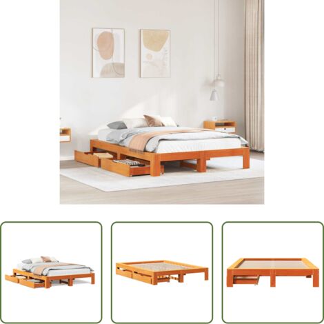 vidaXL Cama de pino -  Cama sin colchón madera maciza pino marrón cera 150x200 cm