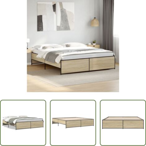 vidaXL Cama de roble -  Estructura cama madera ingeniería metal roble Sonoma 200x200 cm