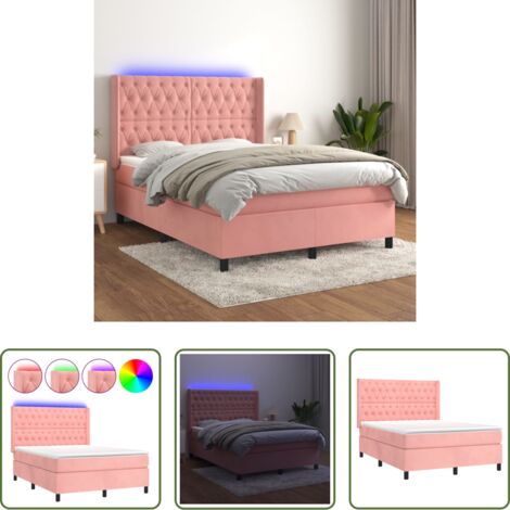vidaXL Cama de terciopelo rosa -  Cama box spring colchón y LED terciopelo rosa 140x190 cm