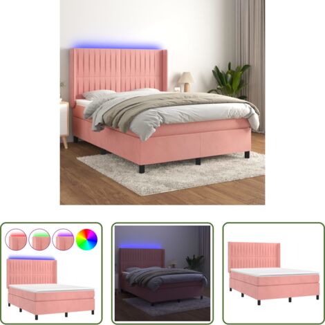 vidaXL Cama de terciopelo rosa -  Cama box spring colchón y LED terciopelo rosa 140x190 cm