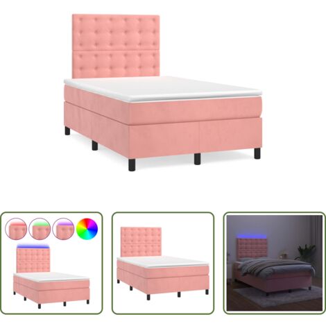 vidaXL Cama de terciopelo rosa -  Cama box spring con colchón y LED terciopelo rosa 120x190 cm