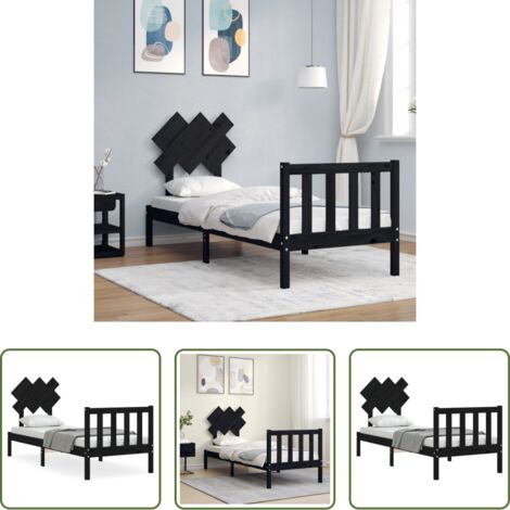 vidaXL Cama individual -  Estructura de cama individual con cabecero madera maciza negro