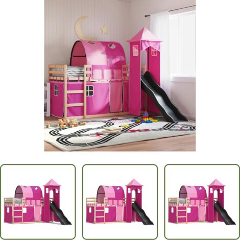 vidaXL Cama para niños -  Litera con tobogán y cortinas rosa 80x200 cm
