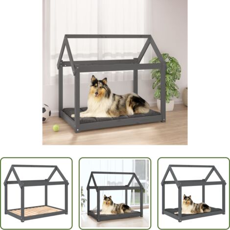 vidaXL Cama para perros de madera -  Cama para perros madera maciza de pino gris 101x70x90 cm