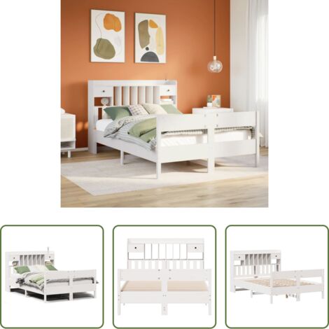 vidaXL Cama sin colchón -  Cama con estantería sin colchón madera maciza blanca 135x190 cm