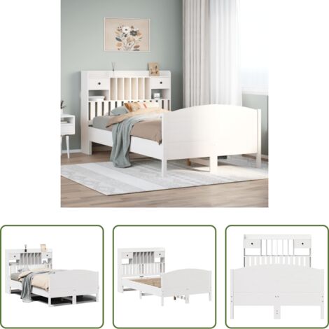 vidaXL Cama sin colchón -  Cama con estantería sin colchón madera maciza blanca 135x190 cm