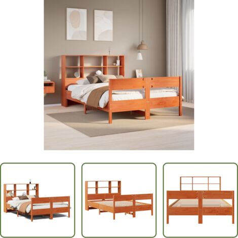 vidaXL Cama sin colchón -  Cama con estantería sin colchón madera maciza marrón 135x190cm