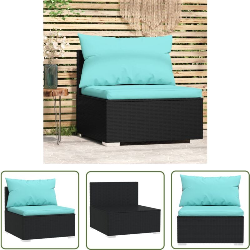 The Living Store Canapé central de jardin avec coussins Noir Résine tressée - Canapé De Jardin - Mobilier De Jardin - Salon De Jardin - Chaise De