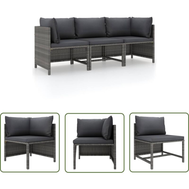 The Living Store Canapé de jardin à 3 places avec coussins Gris Résine tressée - Canapé De Jardin - Mobilier De Jardin - Sofa Extérieur - Ensemble